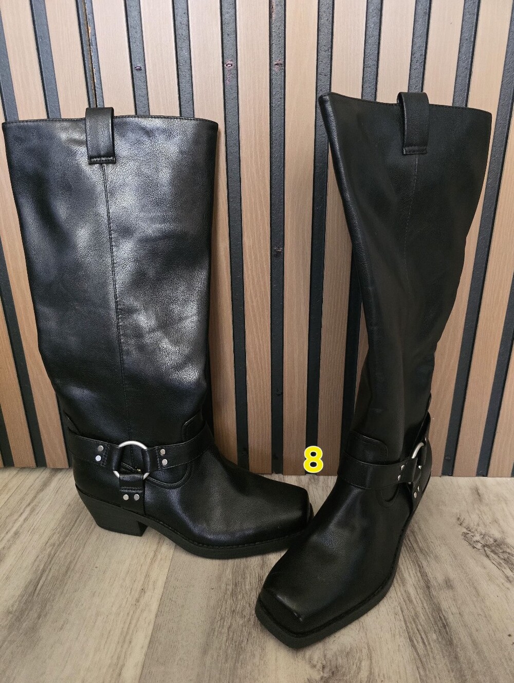 Black Leather Western Harness Knee-High Boots - Women's